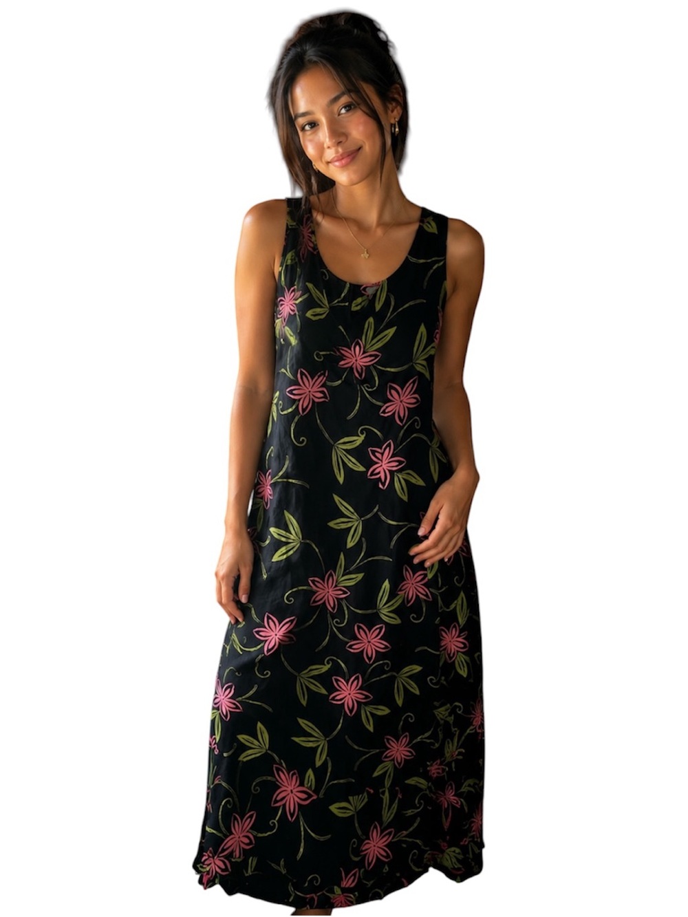 Hula Doll Black Floral Maxi Dress with Pink & Green Print - Brand: